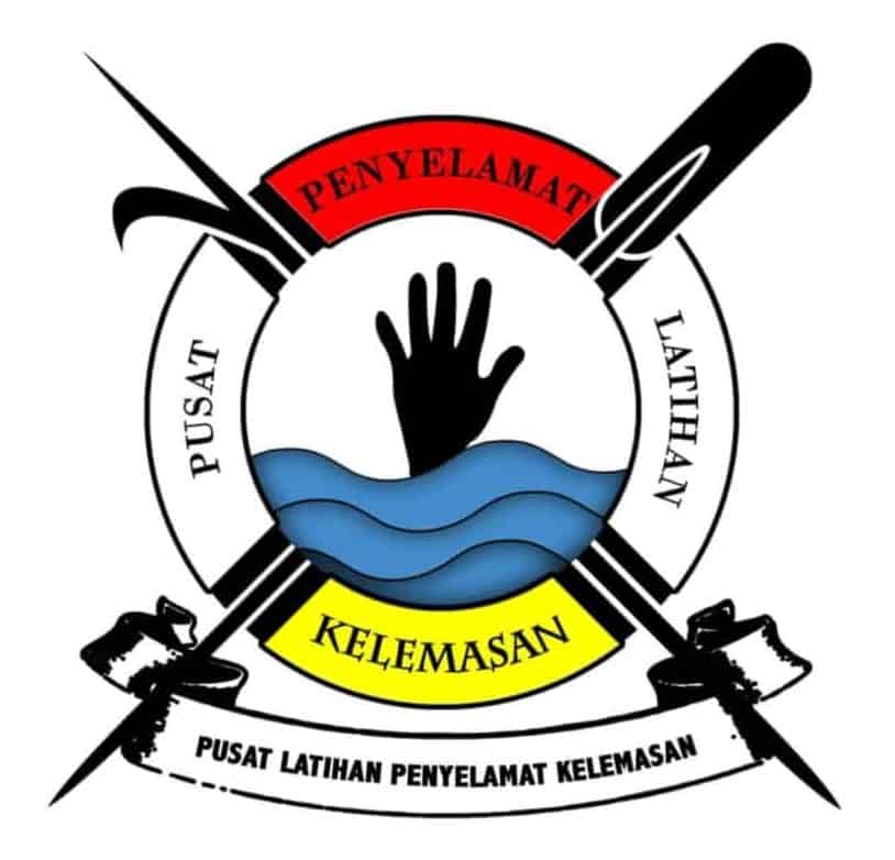 Logo of Pusat Latihan Penyelamat Kelemasan - Graphic of a bouy split into four by two intersecting weapons, with the company name divided across them in black uppercase serif font (red top section and yellow bottom section) and the silhouette of a hand reaching up above blue waves in the middle, with the company name again at the bottom in a banner