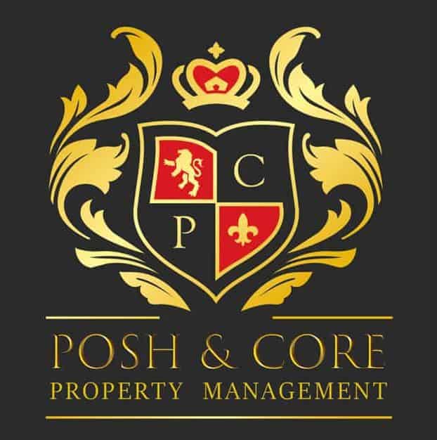 Logo of Posh & Core Property Management - featuring a red, black and gold color scheme with an elaborate emblem and the company name lettered in a thin uppercase gold serif font