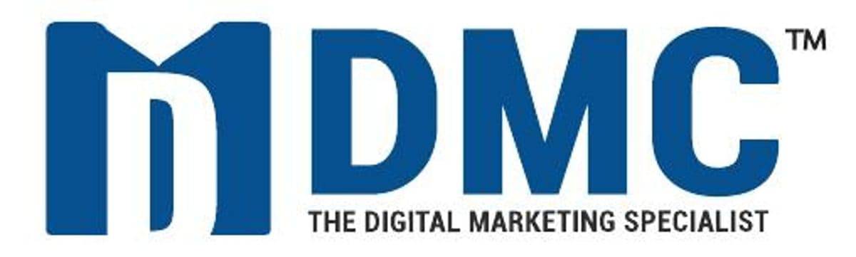 Logo of Digital Marketing Consultancy - consisting of an 'M' with a 'D' carved out, with DMC written in large blocky dark blue sans serif font and the tagline written in black below