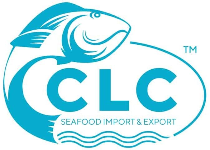 Logo of Chen Ling Choy Fishery - aqua with a graphic of a fish, company initials in and a thick geometric sans serif font and subtitles in a thinner font