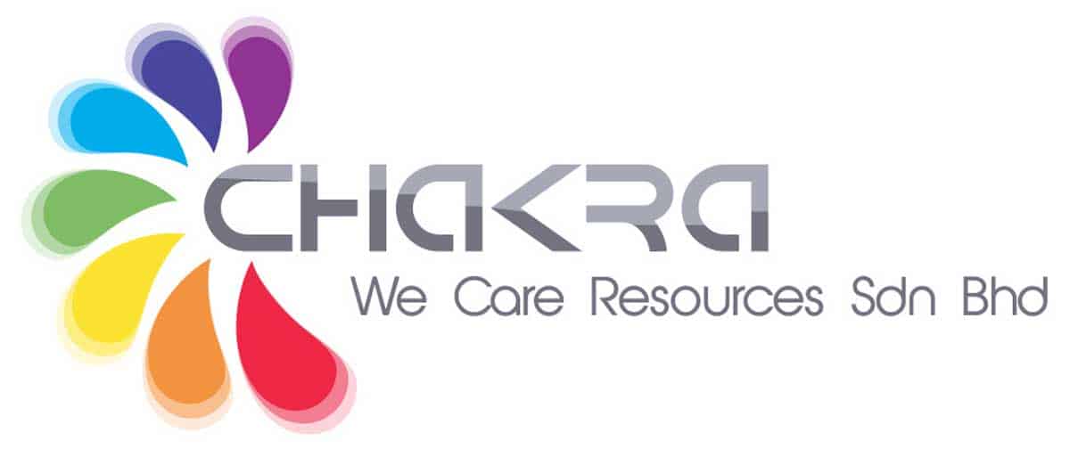 Logo of Chakra We Care Resources - 7 tear drops of different colors next to the name of the company in gray capitalized geometric font and the tag line in a thin sans serif font