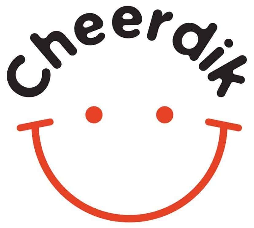 Logo of Cheerdik - Graphic of smiley face in red with bubbly black sans serif font lettering on the company name