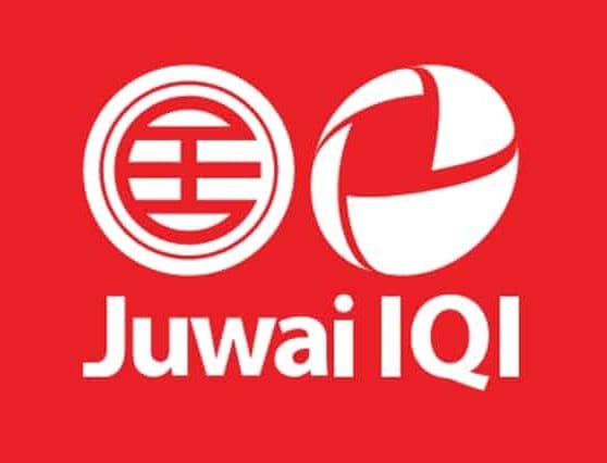 Logo of Juwai IQI Holdings - featuring a red and white color scheme with two logo graphics - one, a circular image like a coin with a east-asian-esque symbol, and the other, a spherical graphic composed of curved irregular shapes with gaps in between; with the company name lettered in a white sans serif font