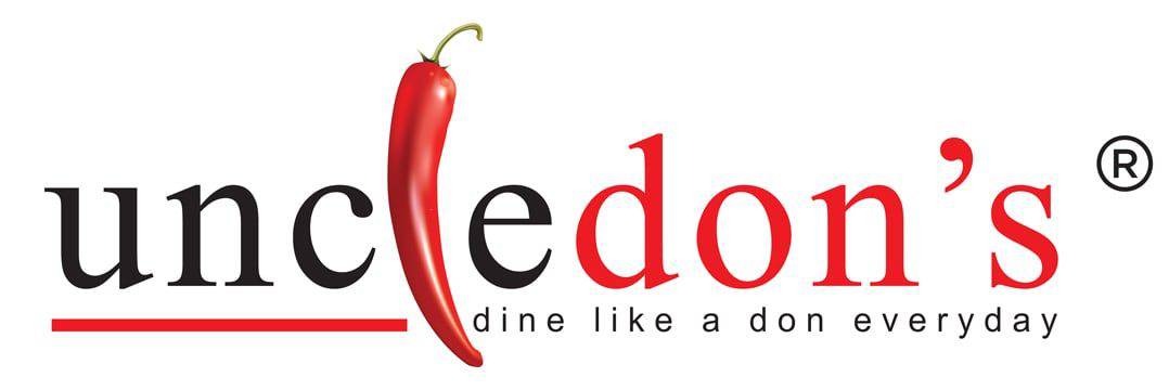 Logo of Uncle Don's Restaurants  - black and red color scheme with a chilli as an 'l', with the company name in a serif font and the slogan in thin black sans serif lettering