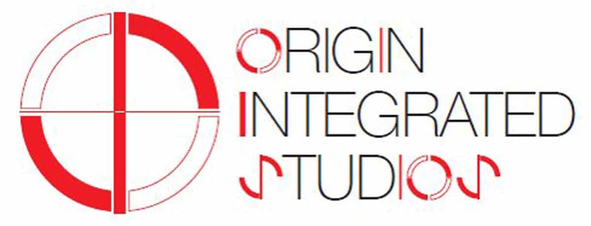 Logo of Origin Integrated Studios with a red, white and black color scheme, a circle and cross in the middle, with thin sans serif font