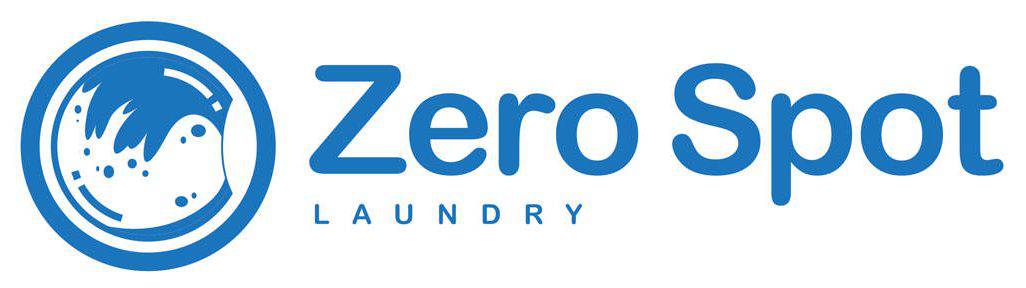 Logo of Zero Spot Laundry - Blue with a graphic of a washing machine and the company name in a sans serif font wiht 'Zero Spot' larger in sentence case, and 'laundry' below in smaller and capitalized