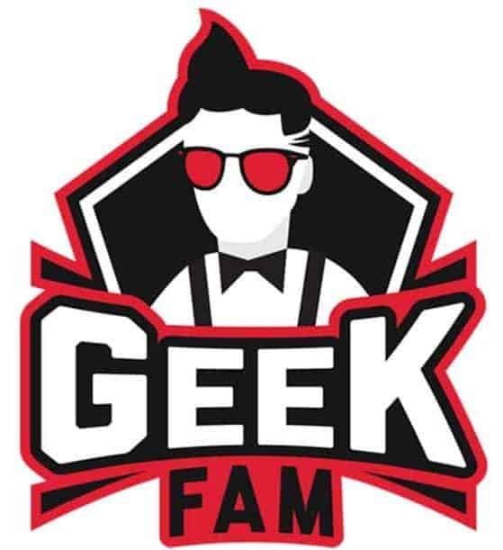 Logo of Geek Fam with a red, black and white color scheme, a graphic of a person with suspenders, a bow tie and sunglasses and blocky font