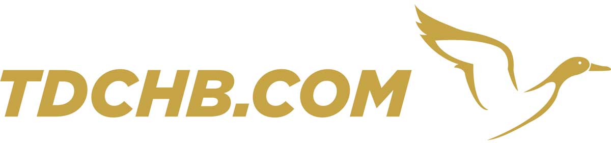 Logo of TDC Holdings - Desaturated yellow color theme with 'TDCHM.COM' lettered in a blocky italicised sans serif font, paired with a graphic vector of the outline of a duck in flight