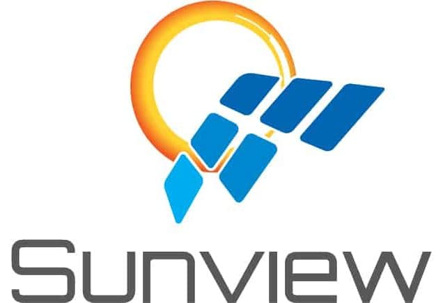 Fabulous Sunview Logo - Graphic of a yellow ring and solar panels with thin blocky font lettering spelling out 'Sunview'