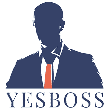 Logo of Cloud Based Solutions with a graphic of a man in white shirt shirt, dark blue shirt and red tie and the tag line in serif font 'yes boss'