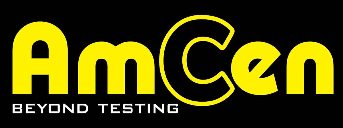 Logo of Amcen Lab - black, white and yellow color scheme, round yellow geometric sans serif font spelling out 'Amcen', with a yellow-outlined capitalized black 'C' and the slogan in a white blocky uppercase san serif font
